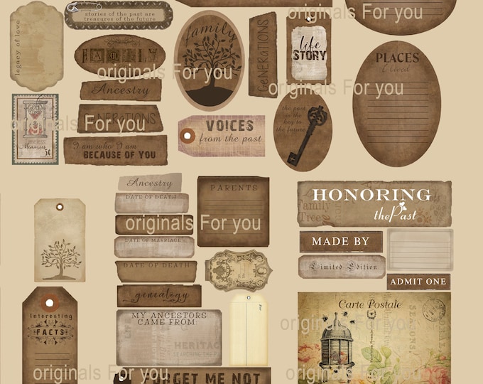 Genealogy, Vintage, Tags, Junk Journal Words, Cards, Ephemera, Post cards, Family History, Junk Journal, Family Tree, Shabby, Download