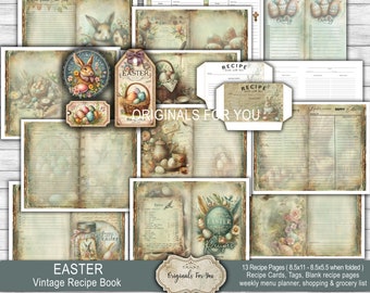 EASTER Vintage Recipe Book Template Junk Journal Papers, Shabby, Printable, Digital Download