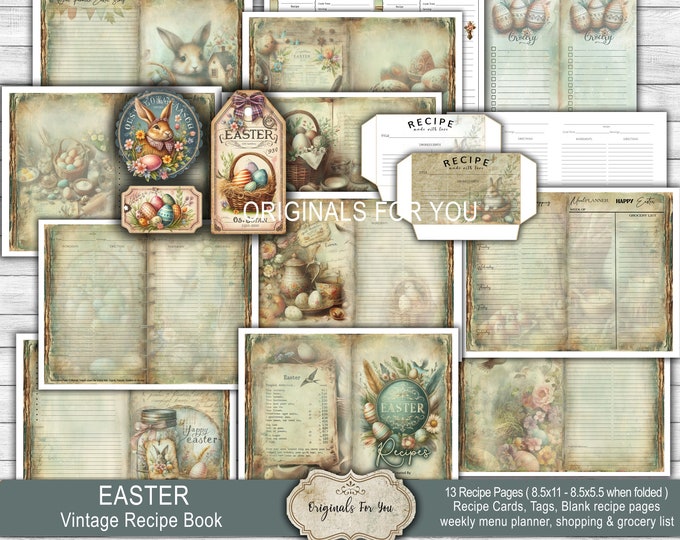 EASTER Vintage Recipe Book Template Junk Journal Papers, Shabby, Printable, Digital Download