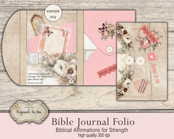 Shabby Chic Christian Prayer Journal Folio Kit, Biblical Affirmations for Strength, Digital Download, Bible Verses, KJV, NIV, folding folio