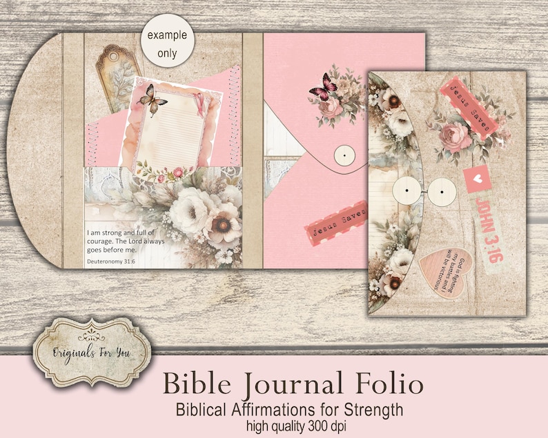 Shabby Chic Christian Prayer Journal Folio Kit, Biblical Affirmations for Strength, Digital Download, Bible Verses, KJV, NIV, folding folio