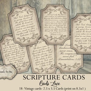 TARJETAS DE ESCRITURAS CRISTIANAS VINTAGE PARA IMPRIMIR, tarjetas de diario basura "El amor de Dios", descarga digital, versículos bíblicos para imprimir, tarjetas de oración