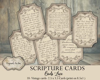 VINTAGE Christian Printable Scripture CARDS, "GodsLove" Junk Journal cards, Digital Download, Printable Bible Verses, Prayer Cards