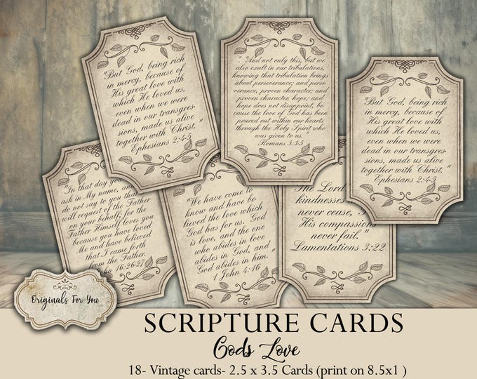 VINTAGE Christian Printable Scripture CARDS, "GodsLove" Junk Journal cards, Digital Download, Printable Bible Verses, Prayer Cards