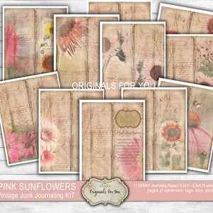 PINK SUNFLOWERS, &quot;Midnight Oil&quot; - Vintage skinny journaling kit, Digitial download, Sunflowers ephemera.