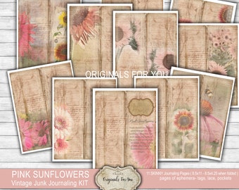 PINK SUNFLOWERS, "Midnight Oil" - Vintage skinny journaling kit, Digitial download, Sunflowers ephemera.