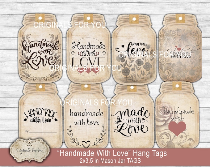 Hang Tags -"Handmade with LOVE" - SHABBY CHIC Vintage Mason Jar Journal Tags - Junk Journal, Tags, Vintage, Printable, Digital Download