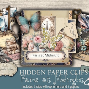 May include: A collection of decorative paper clips and ephemera with a Parisian theme. The design features butterflies, roses, and the Eiffel Tower, with the text "Paris at Midnight". Includes 3 clips and 3 papers.