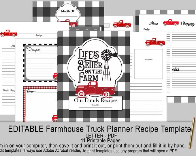EDITABLE Farmhouse red truck recipe template journal Instant PDF download Watercolour series printable paper binder book personalized