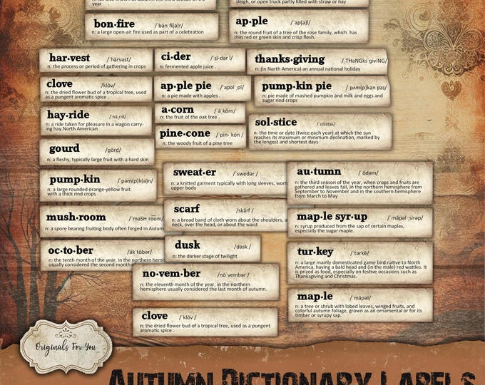 Autumn Vintage DICTIONARY LABELS, Junk Journal Ephemera, Autumn Grunge Dictionary Labels Junk Journal Ephemera Kit, Fall Labels
