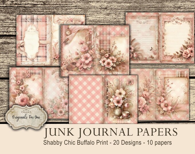 Shabby Chic Pink Buffalo Print junk journal papers, Ephemera, Shabby, PINK, Vintage, Printable, Digital Download, Shabby Chic