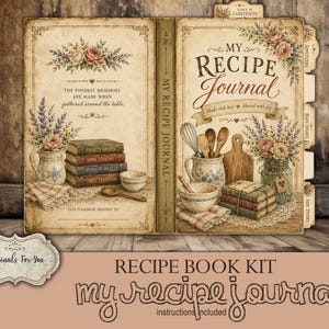 Puede incluir: Un kit de diario de recetas con una cubierta de estilo vintage que presenta ilustraciones florales, pilas de libros, utensilios de cocina y cuencos. El texto dice My Recipe Journal, The fondest memories are made when gathered around the table y Table of Contents.