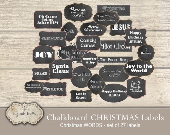 Chalkboard CHRISTMAS Labels - Christmas WORDS, chalkboard, Junk Journal Words, Cards, Ephemera, Download and Print