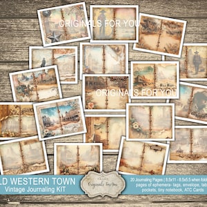 May include: A vintage journaling kit with an Old Western Town theme. The kit includes 20 journaling pages, ephemera, tags, an envelope, tabs, pockets, a tiny notebook, and ATC cards. The pages are decorated with images of cowboys, horses, and Western landscapes.