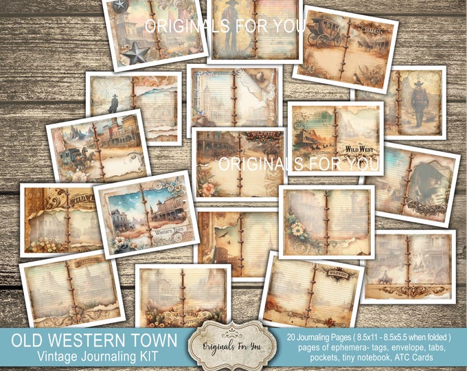 OLD WESTERN TOWNS Vintage Journaling Kit, equestrian, Cowboy Ephemera, Tags, Digital Download, Junk Journal Kit, Western
