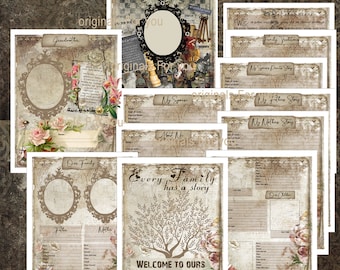 May include: A printable scrapbook kit with a vintage aesthetic. The pages feature a brown and white color scheme with floral accents. The pages are designed to help you document your family history. The text on the pages includes "Every family has a story" and "Welcome to ours".