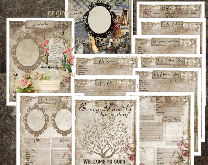 Family History, Junk Journal, Family Tree, Kit, Scrapbook, Genealogy, Story, Chart, Shabby, Printable, Digital Download, vintage, 8x11