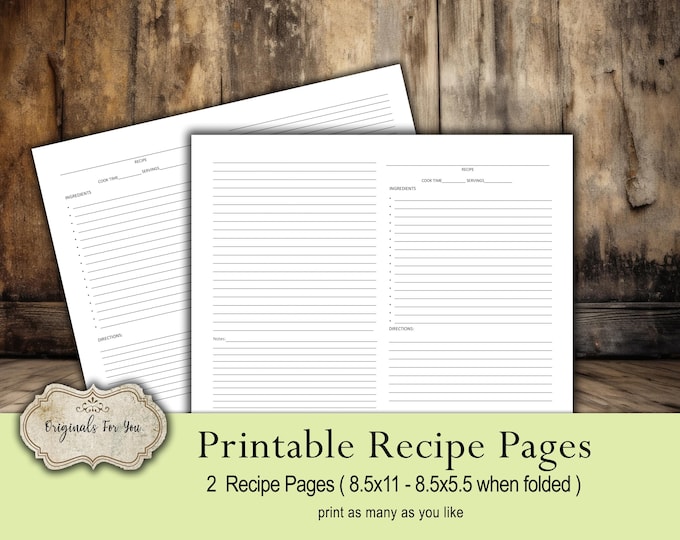 Printable Black & White Recipe Pages- 2 Recipe Pages - 8.5x11 - 8.5x5.5 when folded, digital pages, recipe pages, Digital Download