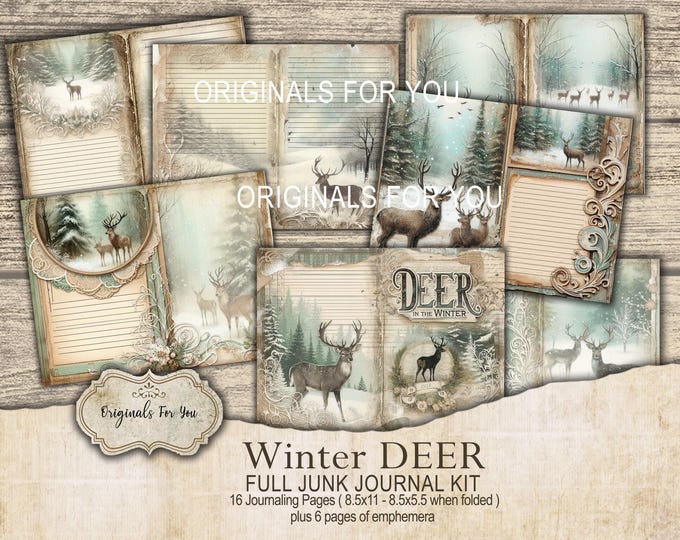 DEER in the wintertime, Junk Journal FULL KIT, Vintage Journaling Kit, winter, deer, Ephemera, Tags, Cards, Digital Download