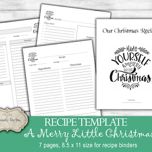 Modèles de recettes de Noël à la ferme à télécharger, 7 pages, 8,5 x 11 pouces pour classeurs de recettes