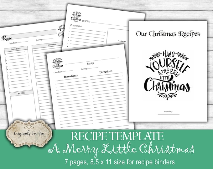 Farmhouse Christmas Recipe Templates download, 7 pages, 8.5 x 11 size for recipe binders