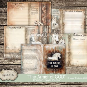 May include: A printable Christian prayer planner with a white horse and the text "The Armor of God" on a brown background. The planner includes pages for each piece of armor, such as the helmet of salvation, the breastplate of righteousness, and the shield of faith.