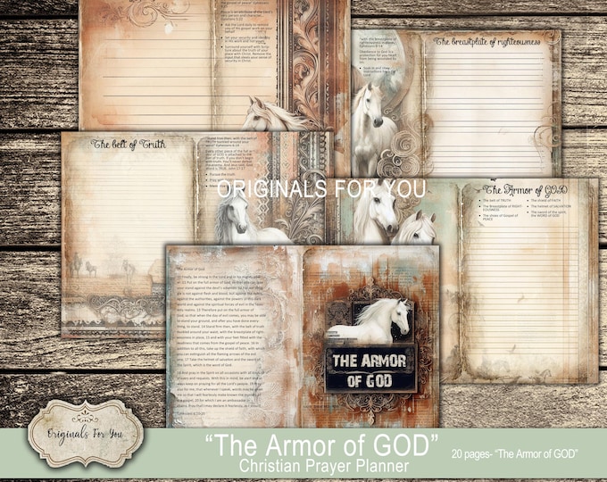 Equestrian Vintage SHABBY CHIC Christian Prayer Journal, "The Armor of GOD", Digital Download, Printable, Bible Verses, white horses