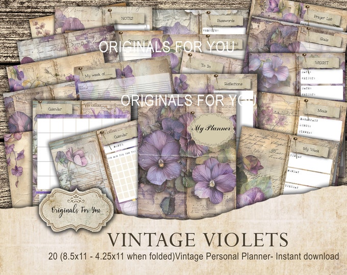 Personal Planner, VINTAGE VIOLETS Shabby Skinny Vintage digital download, Vintage, Printable, Digital Download