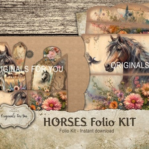Vintage HORSES Folio Kit - Junk Journal Papers, Squallido, Stampabile, Download digitale, Junk Journal FOLIO