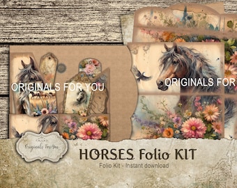 Vintage PAARDEN Foliokit - Junk Journal Papers, Shabby, Afdrukbaar, Digitale download, Junk Journal FOLIO