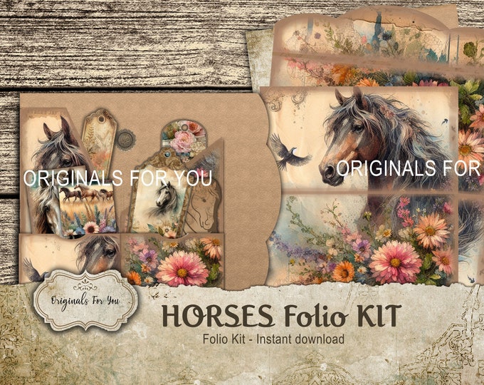 Vintage HORSES Folio Kit - Junk Journal Papers, Shabby, Printable, Digital Download, Junk Journal FOLIO
