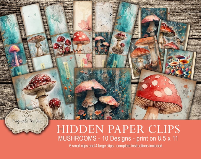 HIDDEN PAPER CLIPS for Junk Journals, papers and Books, "Shabby Chic Mushrooms" use for book markers or tabs