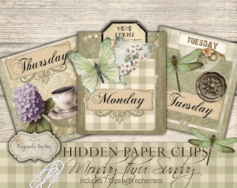 Hidden Paper Clips Kit, Monday-Sunday Junk Journal Tabs (Digital Download)