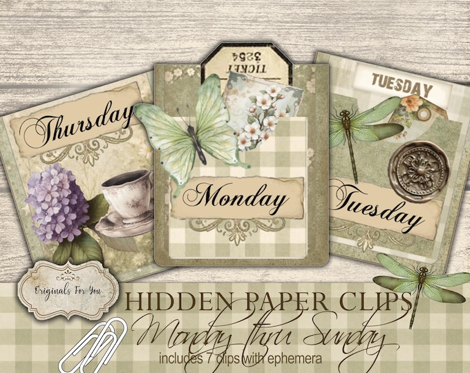 Hidden Paper Clips Kit, Monday-Sunday Junk Journal Tabs (Digital Download)