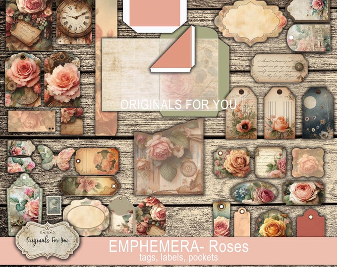 Vintage Roses- Ephemera, Floral, junk journal, shabby chic, antique, tags, pockets, labels, download, print