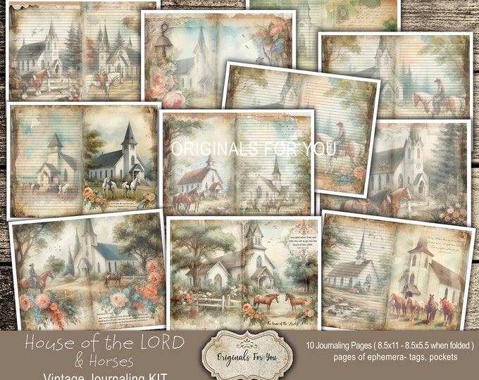 Vintage Junk Journal KIT - The House of the LORD & Horses, Ephemera, Shabby, White Country Churches, Vintage, Printable, Digital Download