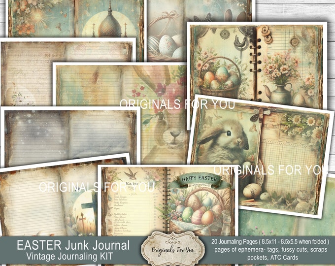 EASTER Junk Journal Kit, Vintage, Tags, Shabby, Printable, ephemera, Digital Download