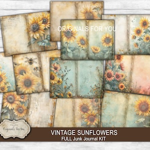 GIRASOLI VINTAGE - Bellissimo kit vintage, COMPLETO di diario con girasoli, biglietti di artigianato e materiale effimero per il tuo scrapbooking