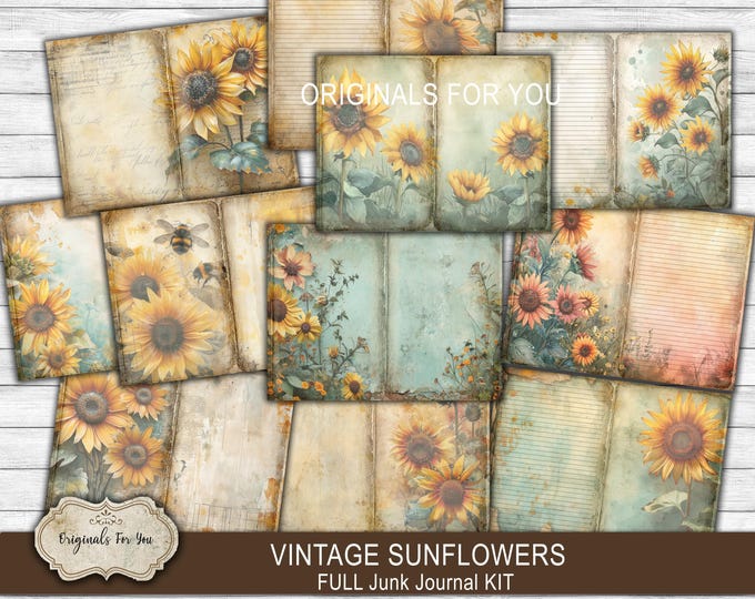 VINTAGE SUNFLOWERS -Beautiful vintage, FULL sunflowers journaling kit, crafting cards and ephemera for your scrapbooking