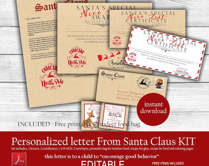 PERSONALIZED Letter from Santa, Nice List Certificate, Christmas Santa Letter, Editable Santa Letter, Instant, UNLIMITED DOWNLOAD Kraft