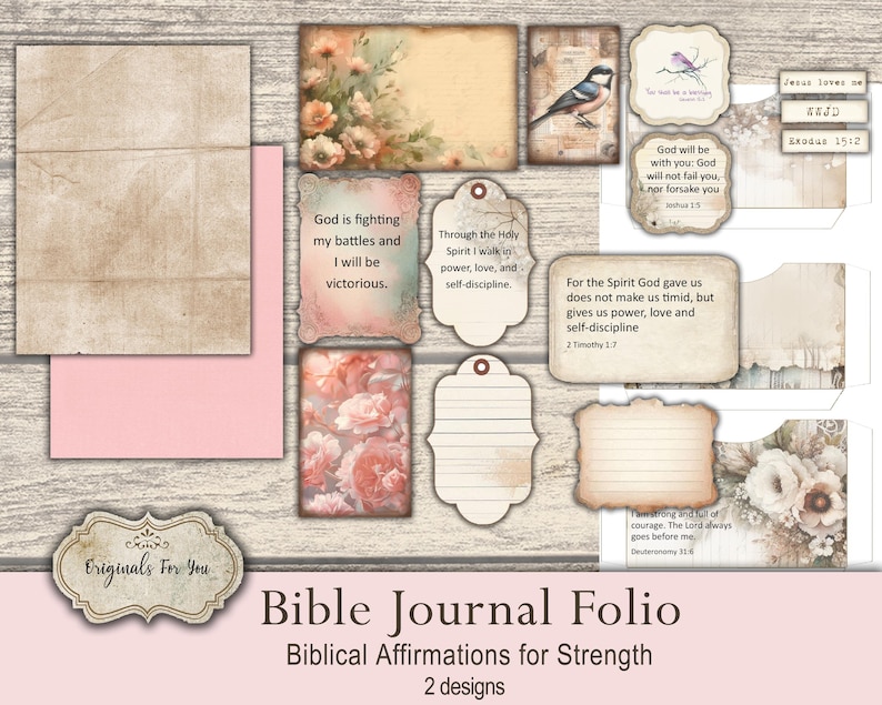 May include: A set of printable Bible journal folio pages featuring floral designs and inspirational quotes. The pages include verses from the Bible, such as Exodus 15:2, Matthew 11:28, 2 Timothy 1:7, and Deuteronomy 31:8. These pages are designed for use in a Bible journal or for personal reflection.