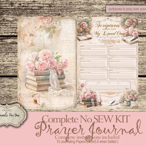 May include: A complete prayer journal kit with a vintage aesthetic. The journal features a floral design with pink roses and stacked books. The text "Scriptures to Pray Over My Loved Ones" is visible. The journal includes 15 journaling papers, each 5.5 x 5.5 inches when folded.