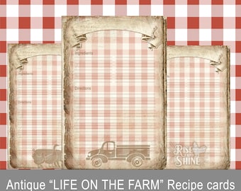 BOERDERIJ "Life On The Farm" antieke receptkaarten, plakboek, 4x6, junk journal kit, download, digitaal collageblad, vintage, grunge