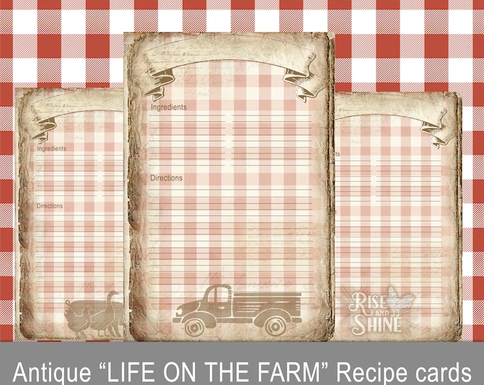 FARMHOUSE "Life On The Farm" Antique Recipe Cards, Scrapbook, 4x6, junk journal kit, download, digital collage sheet, vintage, grunge