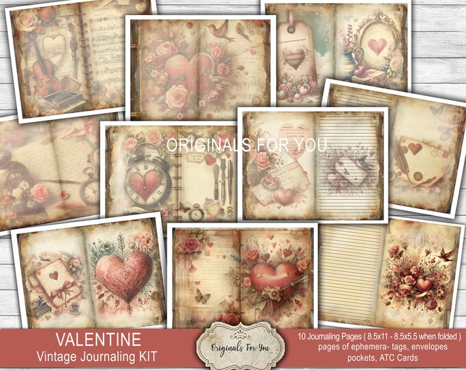 Vintage watercolor VALENTINE Junk journal Kit, shabby, love Junk Journal Papers, Shabby, Vintage, Printable, Digital Download