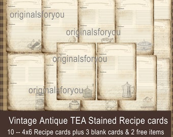 Antique tea stained, Recipe Cards, Scrapbook, ephemera, junk journal kit, download, digital collage sheet, ATC, vintage, grunge, printable.