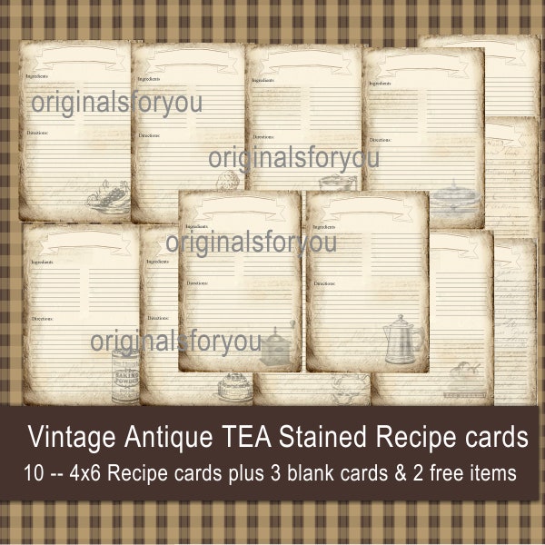 Antique tea stained, Recipe Cards, Scrapbook, ephemera, junk journal kit, download, digital collage sheet, ATC, vintage, grunge, printable.