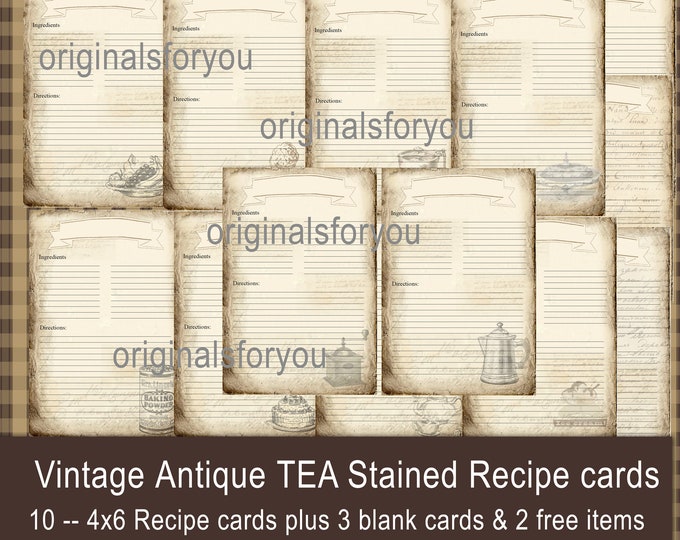 Antique tea stained, Recipe Cards, Scrapbook, ephemera, junk journal kit, download, digital collage sheet, ATC, vintage, grunge, printable.