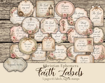 May include: A collection of vintage-style paper ephemera featuring Christian faith labels, tags, and stamps. Each piece displays floral accents, lace patterns, and religious scripture text. The set includes 65 individual designs across 5 pages.