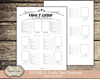 EDITABLE - Blanco y negro - Árbol genealógico Descarga e imprime - Crea fácilmente tu árbol genealógico con nuestras impresiones descargables
